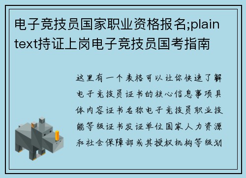 电子竞技员国家职业资格报名;plaintext持证上岗电子竞技员国考指南